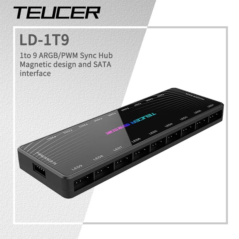 Teucer LD-1T9 9 Port PWM & ARGB Fan Hub 4 Pin PWM 3 Pin Addressable ARGB Adapter