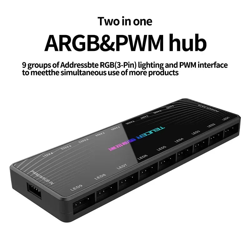 Teucer LD-1T9 9 Port PWM & ARGB Fan Hub 4 Pin PWM 3 Pin Addressable ARGB Adapter